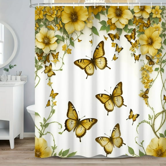 SUNOLIFE Yellow Butterfly Shower Curtain,Spring Floral Fabric Bathroom Curtain with Hooks,60x72 in