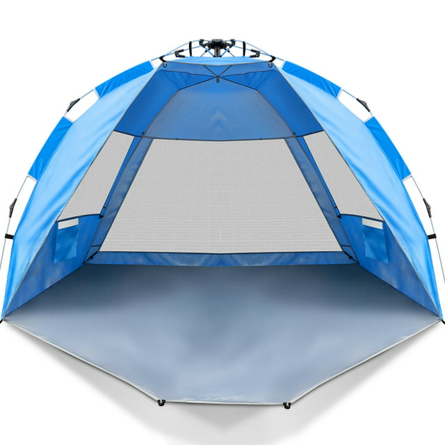 SUNOYAR Beach Tent, 4-6 Person Pop-up Beach Tent Sun Shelter, UPF 50+ UV Protection Portable Waterproof Beach Tent, Sunshade with Extendable Floor for Family, Fishing, Camping, Blue