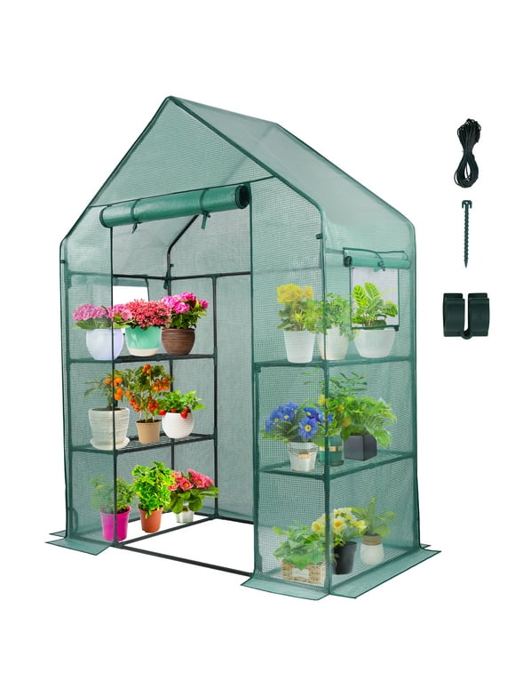 SUNOYAR Greenhouse for Outdoors with Mesh Side Windows, 2 Tiers 4 Shelves Small Walk-In Green House Plant Stands Plastic PE Cover Outside Portable Warm House for Seedling Flowers Growing