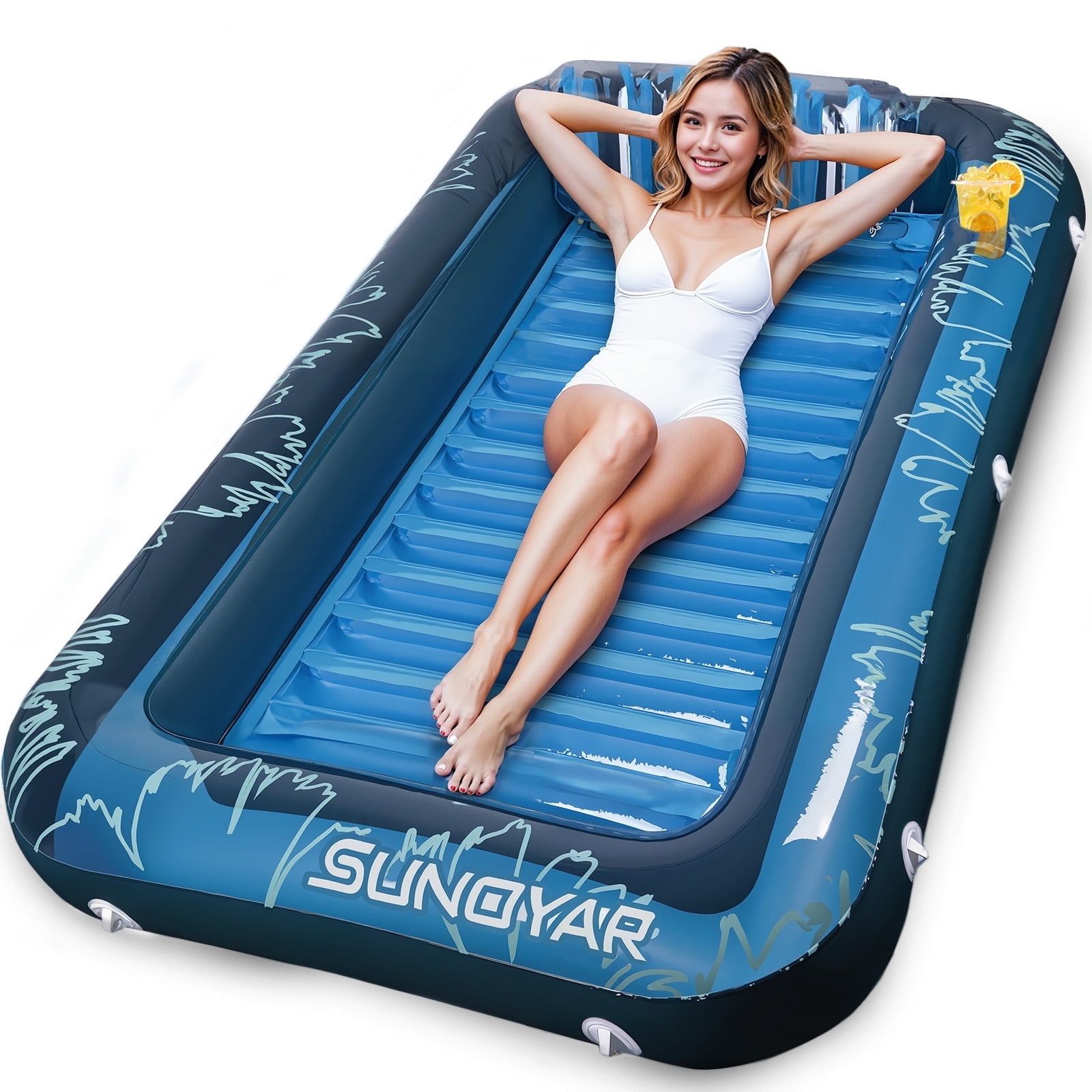 SUNOYAR Pool Floats Adult, 73" x 46" Inflatable Tanning Pool Lounger Float, Large Suntan Tub Sunbathing Raft for Adults & Kids with Pillow and Cup Holder, Blue