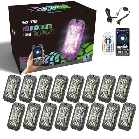 SUNPIE 16Pcs High Power Wide Angle RGBW LED Rock Lights Full Luminous Zone for Off Road Truck SUV ATV UTV Boats