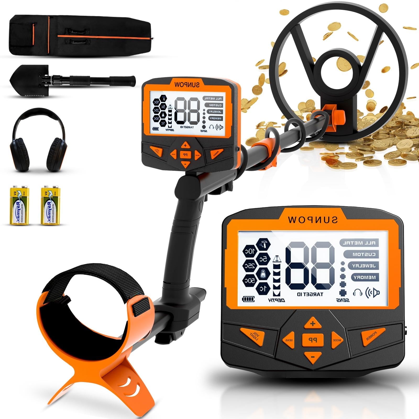 SUNPOW Orange and Black Backlit LCD Display Battery Powered Metal Detector