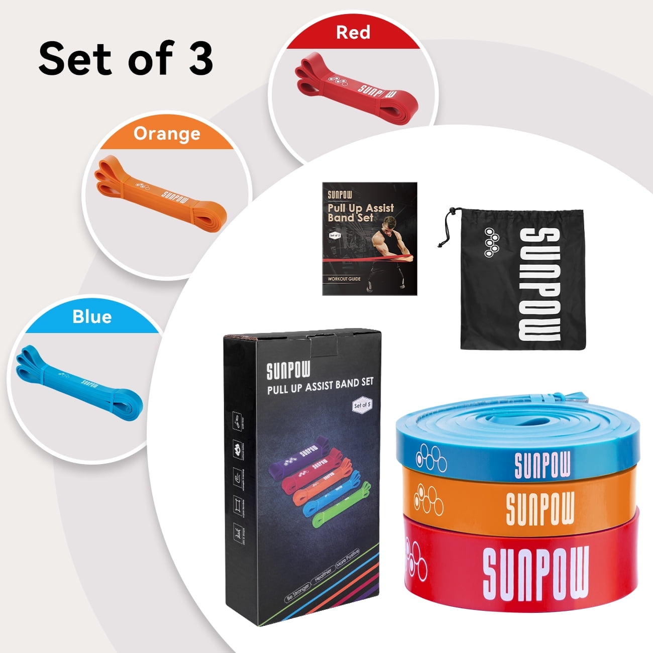 SUNPOW Pull Up Assistance Bands Set of 3 4 5 5 175lb Heavy Duty Resistance Bands for Workouts Exercise Fitness Includes Instruction Guide and