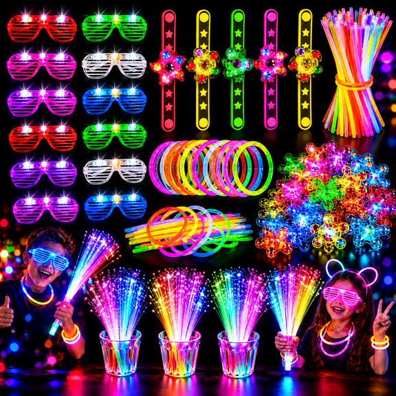 SUNPROUND 120-piece glow-in-the-dark party kit includes 6 pairs of glow-in-the-dark goggles, 8 fiber optic sticks, 6 glow-in-the-dark wristbands, and 100 party glow sticks.