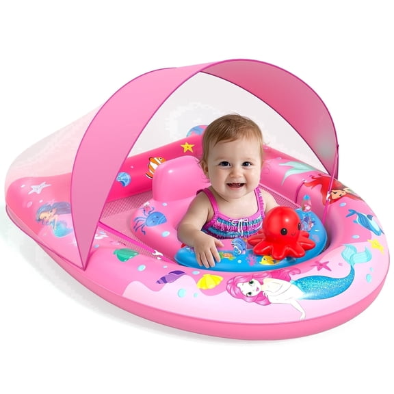 SUNRAD Baby Pool Float, 120°Adjustable and Anti-Tip Safety Seat, with Canopy UPF50+, Inflatable Pool Float with Animal Toys for 6-36M