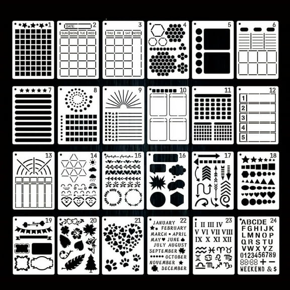 SUNRI 24 Pack Journal Planner Stencils, Reusable Bullet Stencils Set for A5 Notebook & Most Journals, Includes Letter Stencil