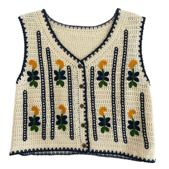 SUNRI Boho Women Crochet Knit Vest Waistcoat Vintage Colorful Floral Pattern Sleeveless Cardigan Jacket Hippie V-Neck Crop Top