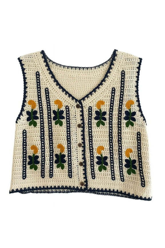 Boho Women Crochet Knit Vest Waistcoat Vintage Colorful Floral Pattern Sleeveless Cardigan Jacket Hippie V-Neck Crop Top