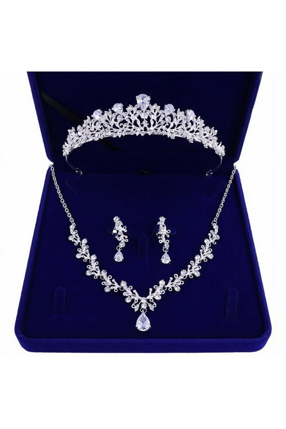 Wedding Bridal Crystal Cluster Zircon Necklace Dangle Earrings Crown Tiara Jewelry Set with Gift Box (Silver/Gold)