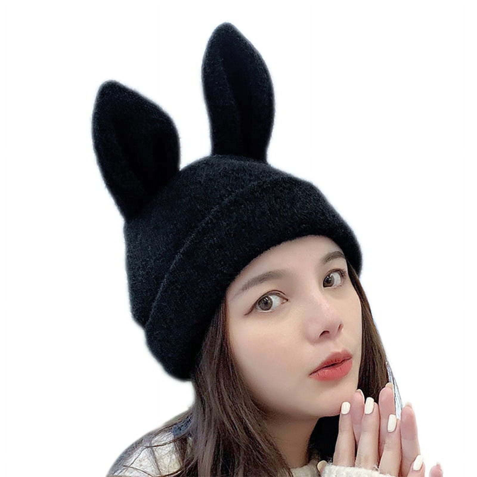 Handmade Black Super Thick Knit Rill Up Beanie w/ Bunny Ears Women\'s Hat Black 3D Bunny Ear Pierced Fuzzy Beanie | Hot Topic main image 2