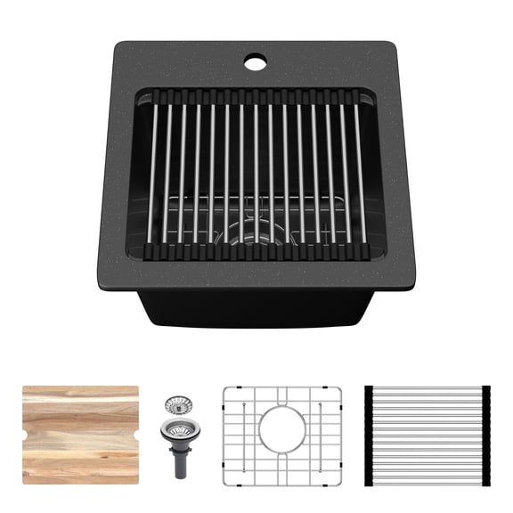 SUNRINX 15" Drop-in Workstation Bar Sink Black Quartz Granite Composite Single Bowl RV Kitchen Sink