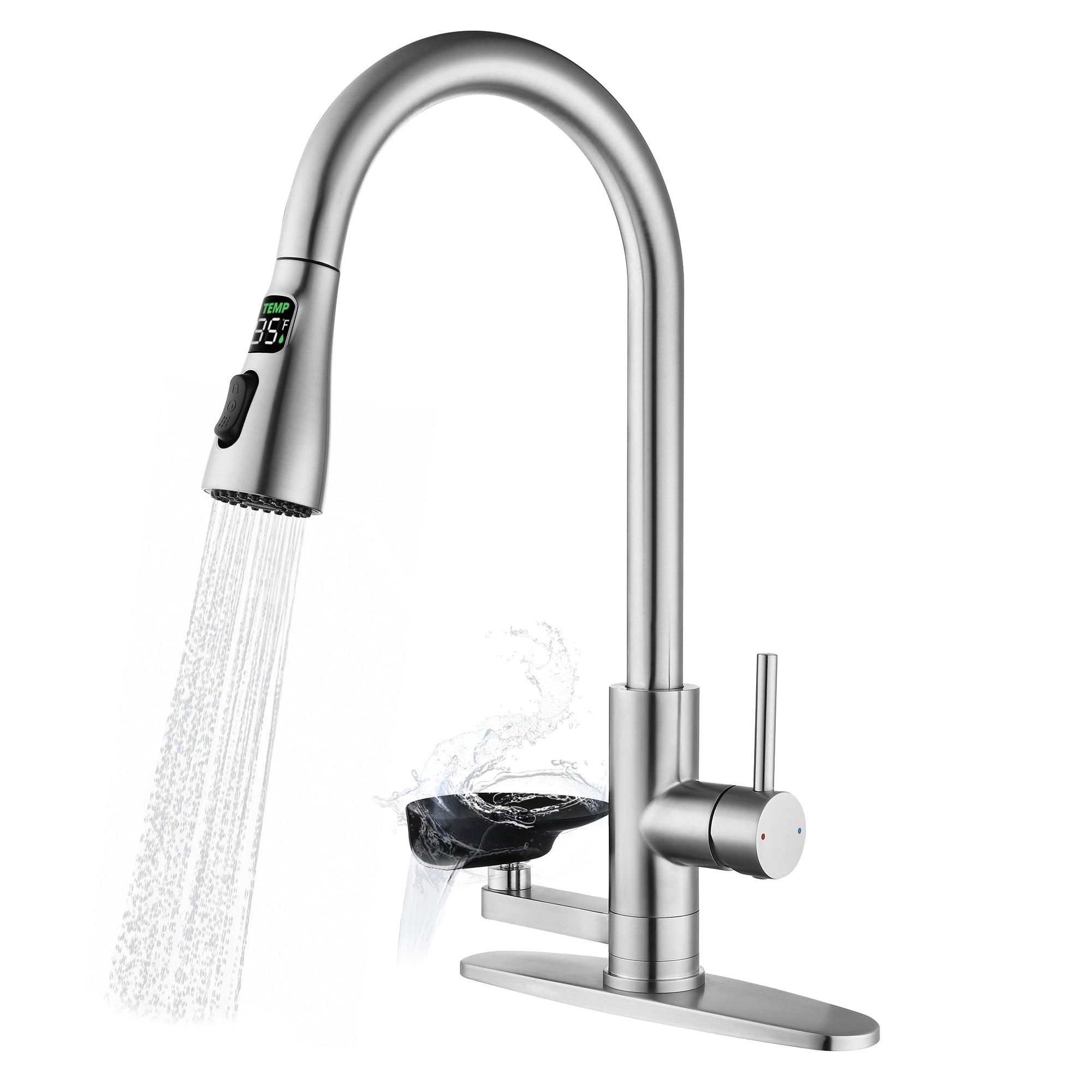 SUNRINX 3-in-1 Kitchen Faucet with LED Temperature Display and Glass Rinser, Brushed Nickel