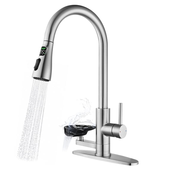 SUNRINX 3-in-1 Kitchen Faucet with LED Temperature Display and Glass Rinser, Brushed Nickel