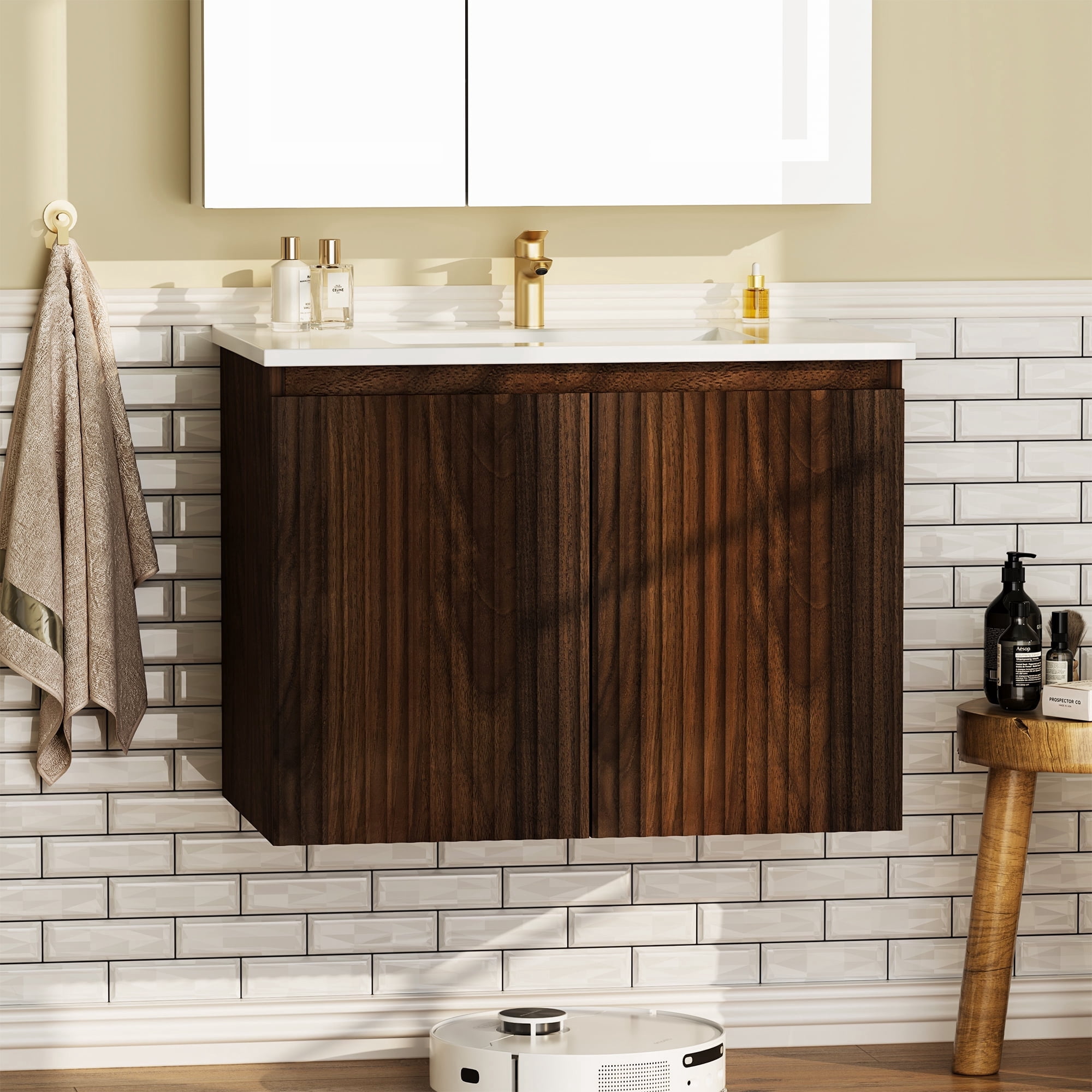 SUNRINX 30 in. Walnut Bathroom Vanity with Sink, Foldable Wall Cabinet, Space-Saving Modern Bathroom Vanity, Quick Install Bathroom Vanities for Small Bathrooms