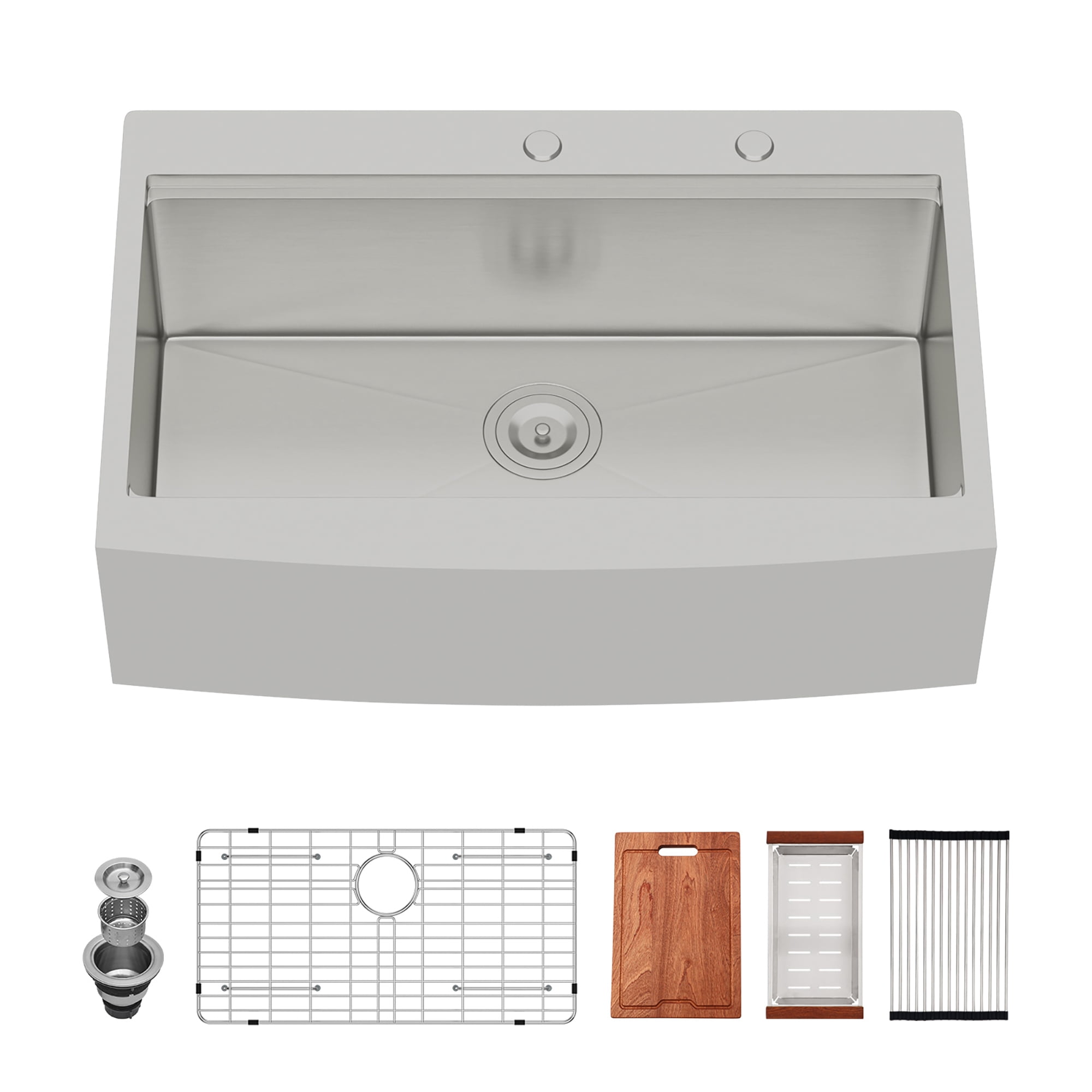 SUNRINX 33" Drop-in Workstation Farmhouse Kitchen Sink, 16 Gauge Stainless Steel, Brushed Nickel