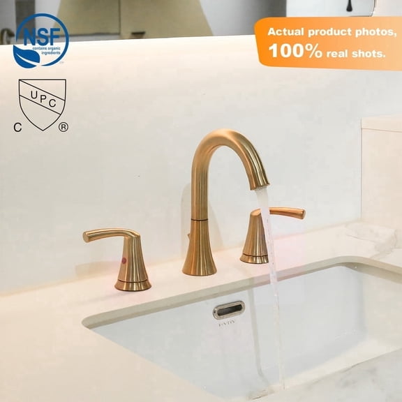 SUNRINX 8-Inch Widespread 2-Handle Bathroom Sink Faucet for 3-Hole Sink, Swivel Faucet Head with Drain Assembly, Hot and Cold Indicators, Brushed Gold