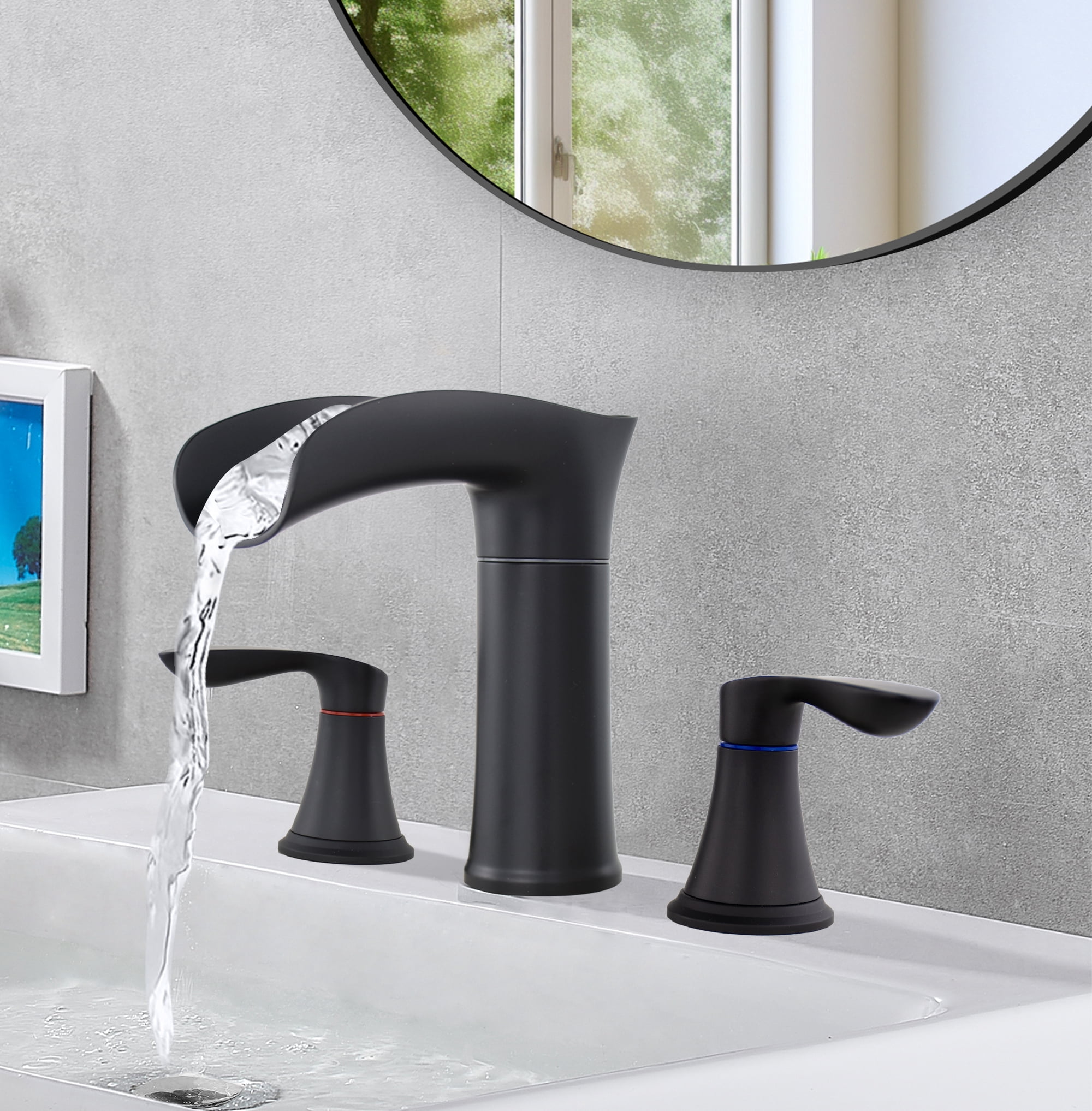Sunrinx 8 Inch Bathroom Faucet Widespread 2-Handle Waterfall Sink Faucet Matte Black 360° Swivel 3 Hole with Pop Up Drain