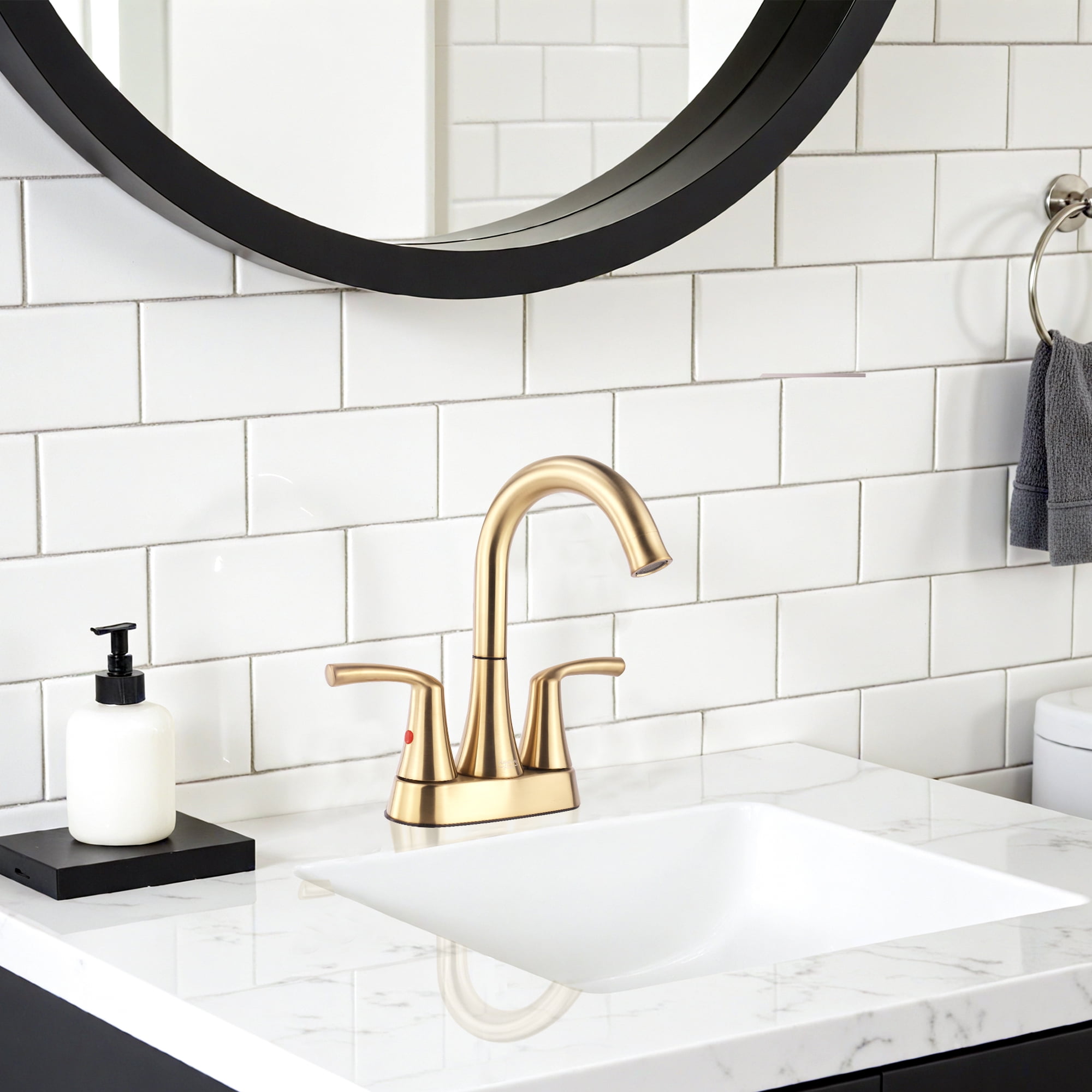 Sunrinx 4-Inch Bathroom Faucet Brushed Gold 2 Handle Centerset High Arc Sink Faucet