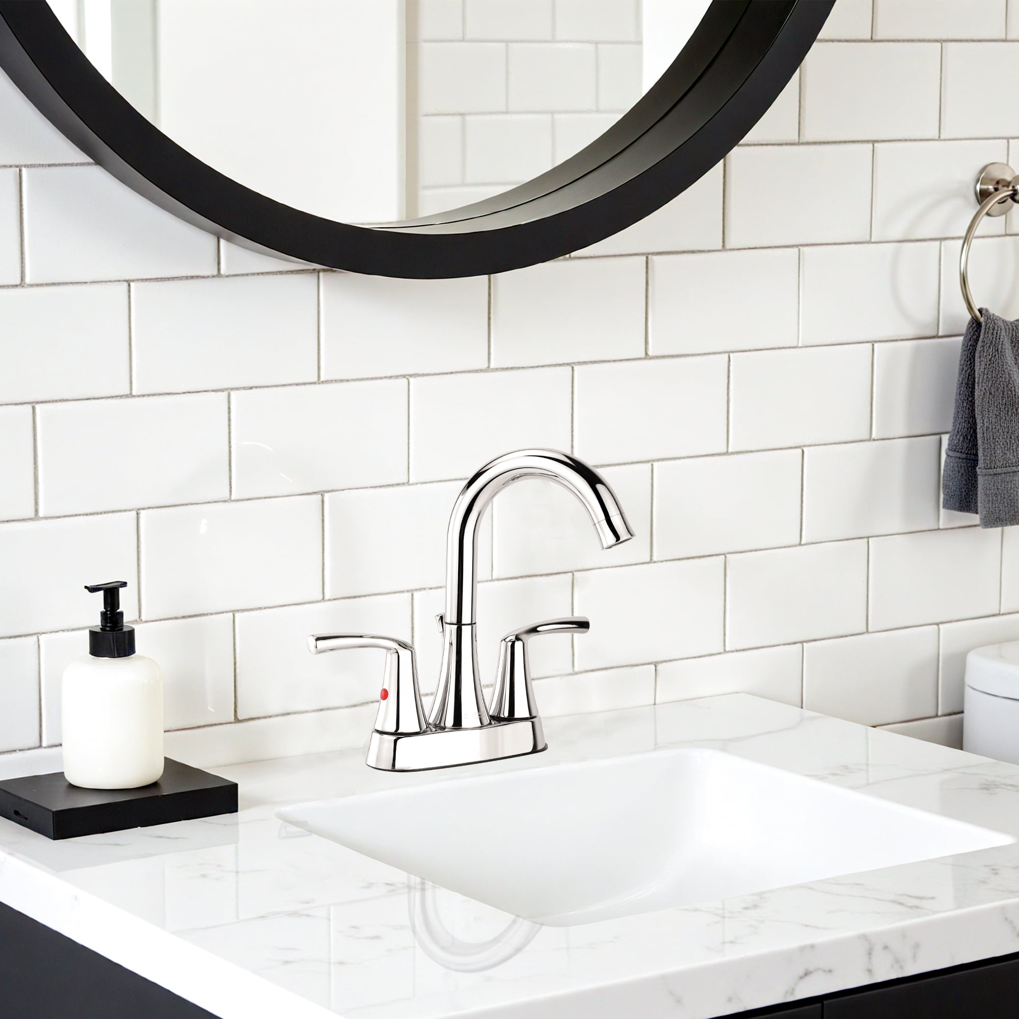 Sunrinx 4-Inch Bathroom Faucet Chrome 2 Handle Centerset High Arc Swivel Sink Faucet