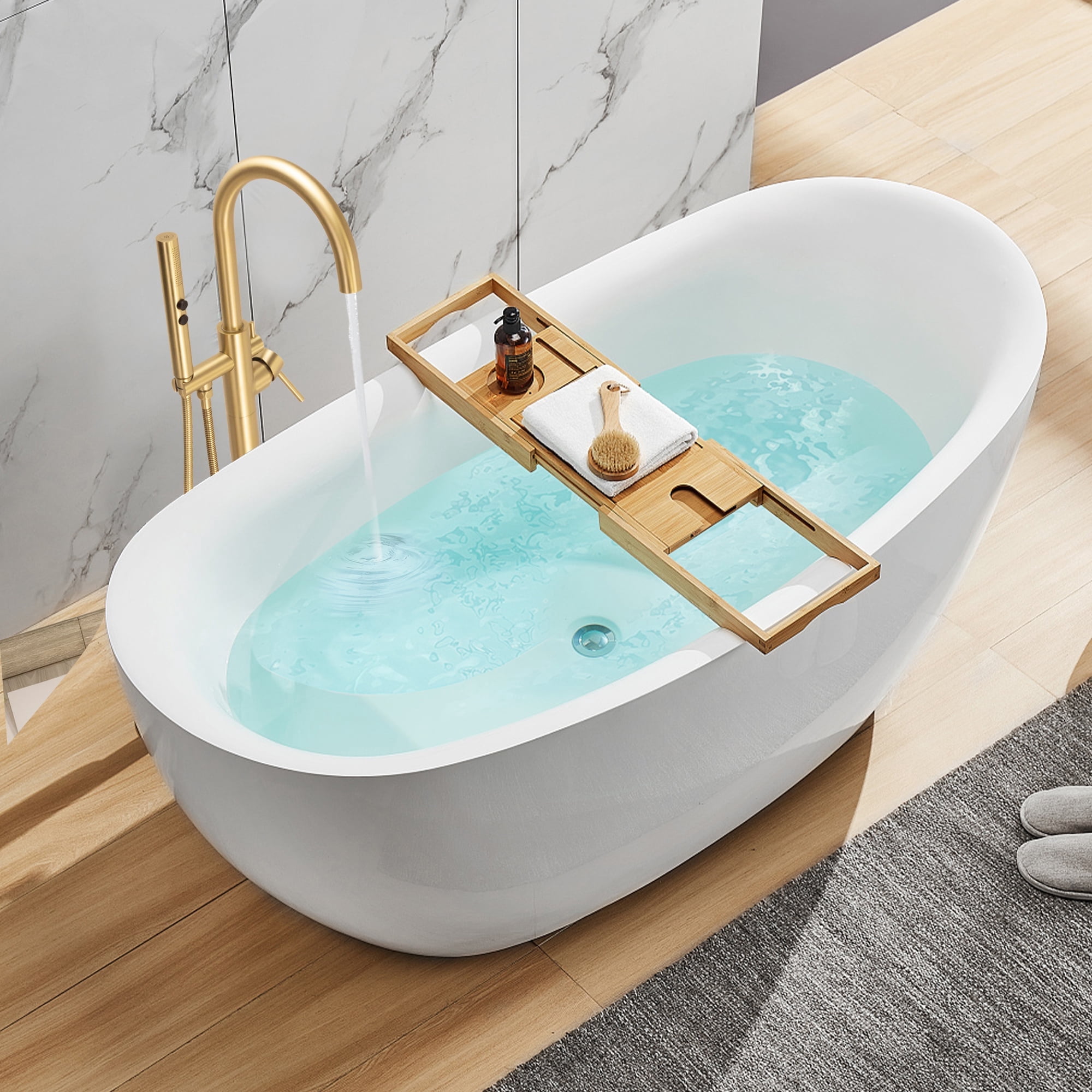 SUNRINX Freestanding Tub Faucet, 2-Handle Freestanding Tub Faucets with Brass Two-Function Handshower, Max 6 GPM Floor Mount Tub Filler Bathtub Faucet with 360° Swivel Spout, Brushed Brass
