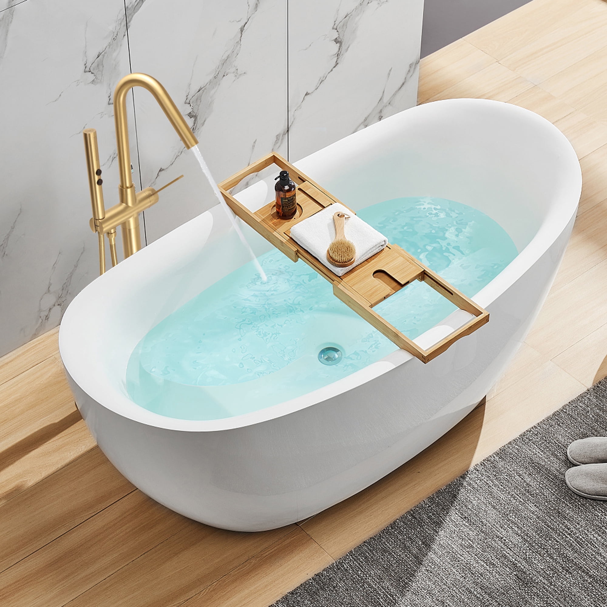 SUNRINX Freestanding Tub Faucet, Single Handle Free Freestanding Tub Faucet with Brass Two-Function Handshower, Max 6 GPM Floor Mount Tub Filler Bathtub Faucet with 360° Rotating Spout, Brushed Brass