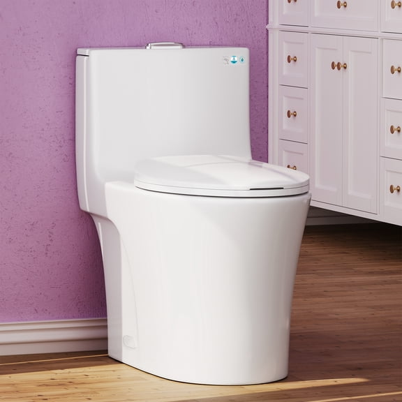 SUNRINX Glossy White One-Piece Toilet, 17" ADA Comfort Chair Height Elongated Toilet for Bathrooms, 1.1/1.6 GPF Tornado Flush Top-Mount Dual Flush System, Soft-Close Quick-Release Seat