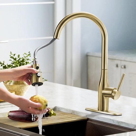 Sunrinx Brushed Gold Kitchen Faucet Pull Down Sprayer, 3 Mode, 360° Swivel Sink Faucet