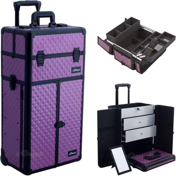 SUNRISE I3266DMPLB Diamond Professional Rolling Aluminum Cosmetic Makeup Case French Door - Purple