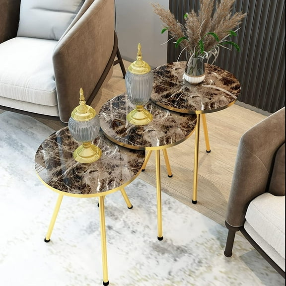SUNRISE - Set of 3 High Gloss Brown Marble Gold Legs Nesting End Tables - Round Stacking Coffee Side Tables for Small Spaces, Nightstand Bedside Table for Living Room, Bedroom, Living Room, Balcony