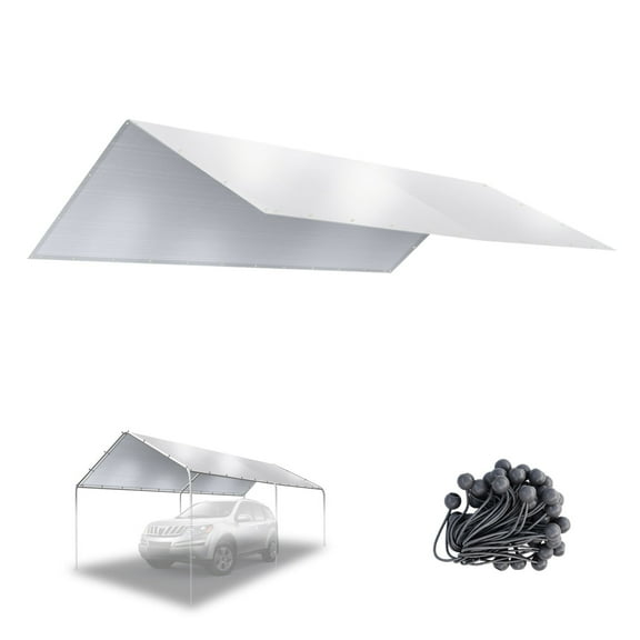 SUNRISEUMBRELLA 10x20' Carport Tent Top Garage COVER ONLY w Bungee, Waterproof Replacement Canopy, without edge (Silver)