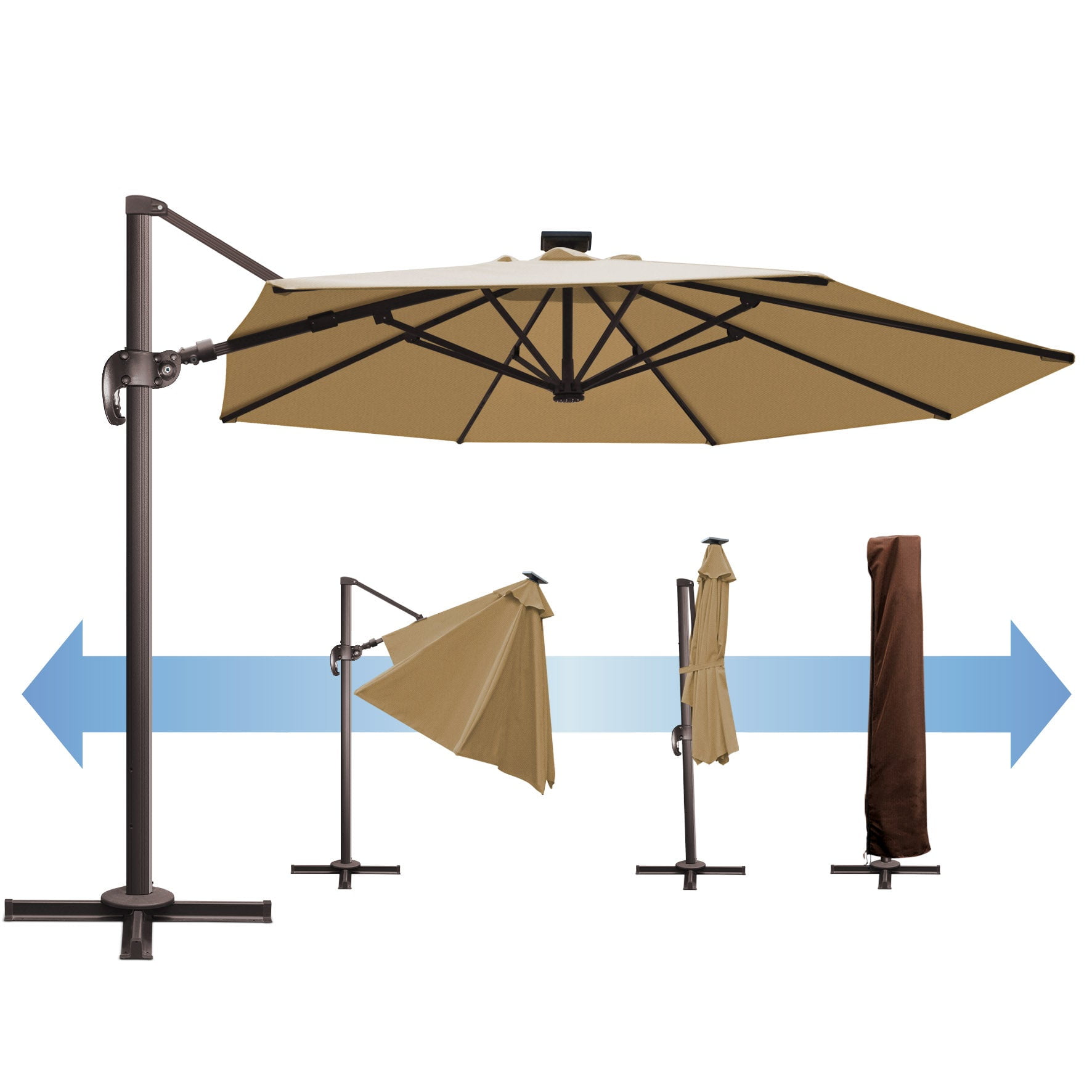 SUNRISEUMBRELLA 11' Deluxe Cantilever Umbrella LED Lighted Umbrella Sunbrella Cover Patio Umbrella Garden Outdoor (Heather Beige)