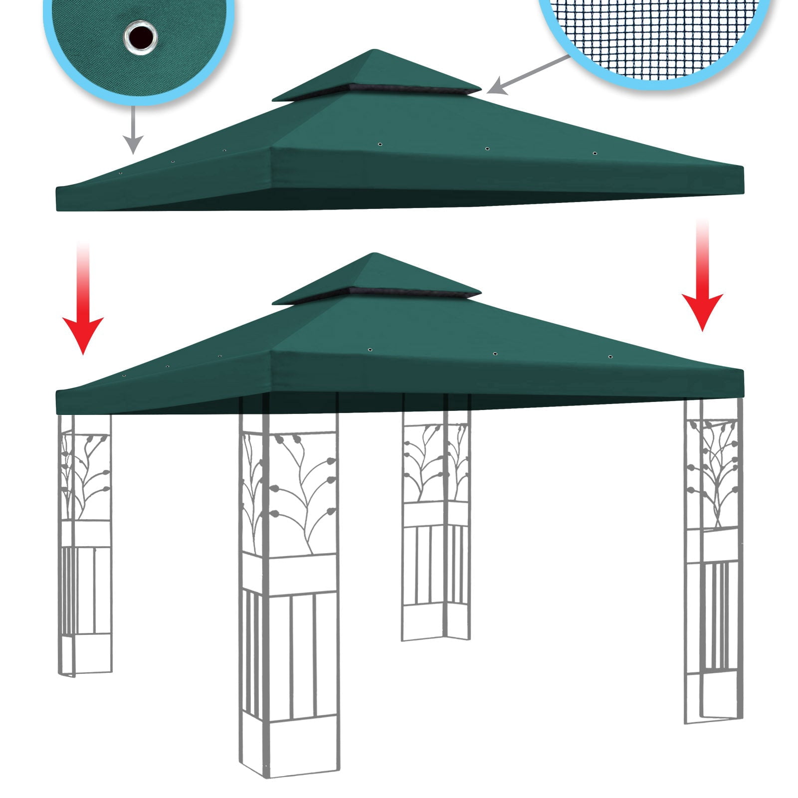 SUNRISEUMBRELLA 119“”x119” Gazebo Replacement Canopy Top Double Tier Canopy Top Cover(GREEN)