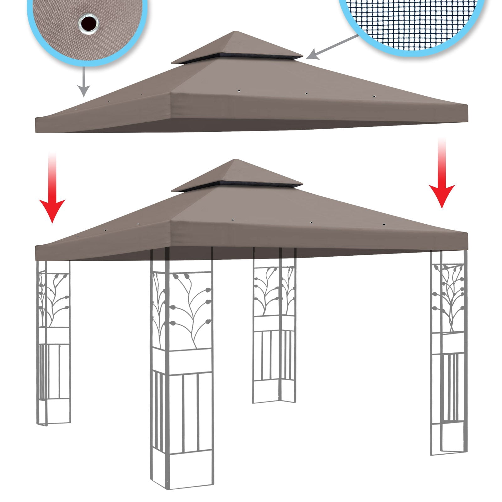 SUNRISEUMBRELLA 119“”x119” Gazebo Replacement Canopy Top Double Tier Canopy Top Cover(TAUPE)