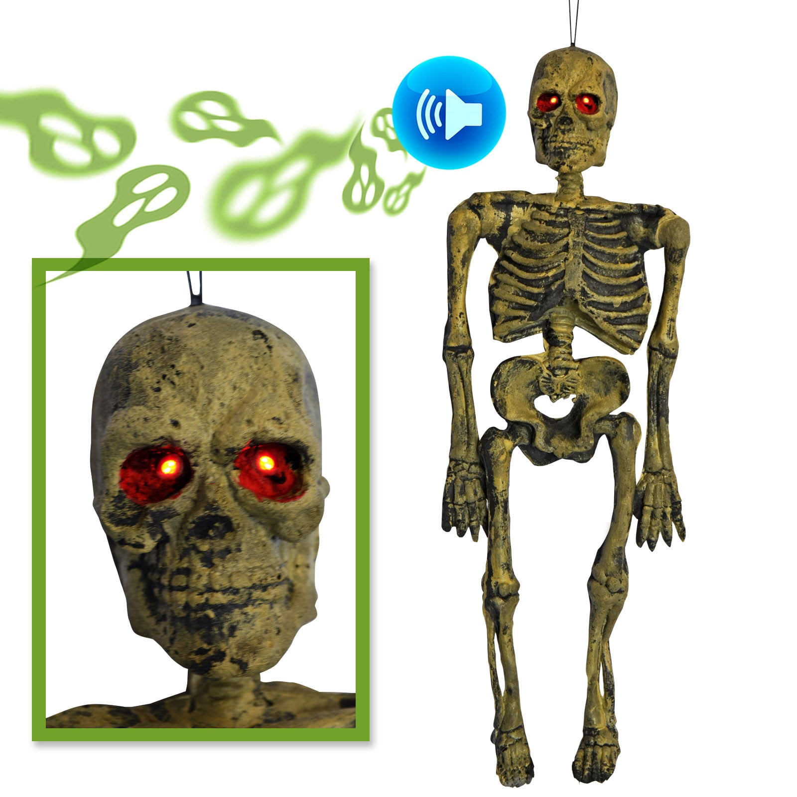 SUNRISEUMBRELLA 26'' Hanging Acoustic Skeleton Ghost Glowing Eyes Scary Sound Halloween Prop Decoration