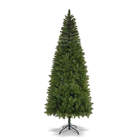 SUNRISEUMBRELLA Artificial Pencil Slim hinged Christmas Tree with Metal Stand, Kingswood Fir Slim (7 ft)