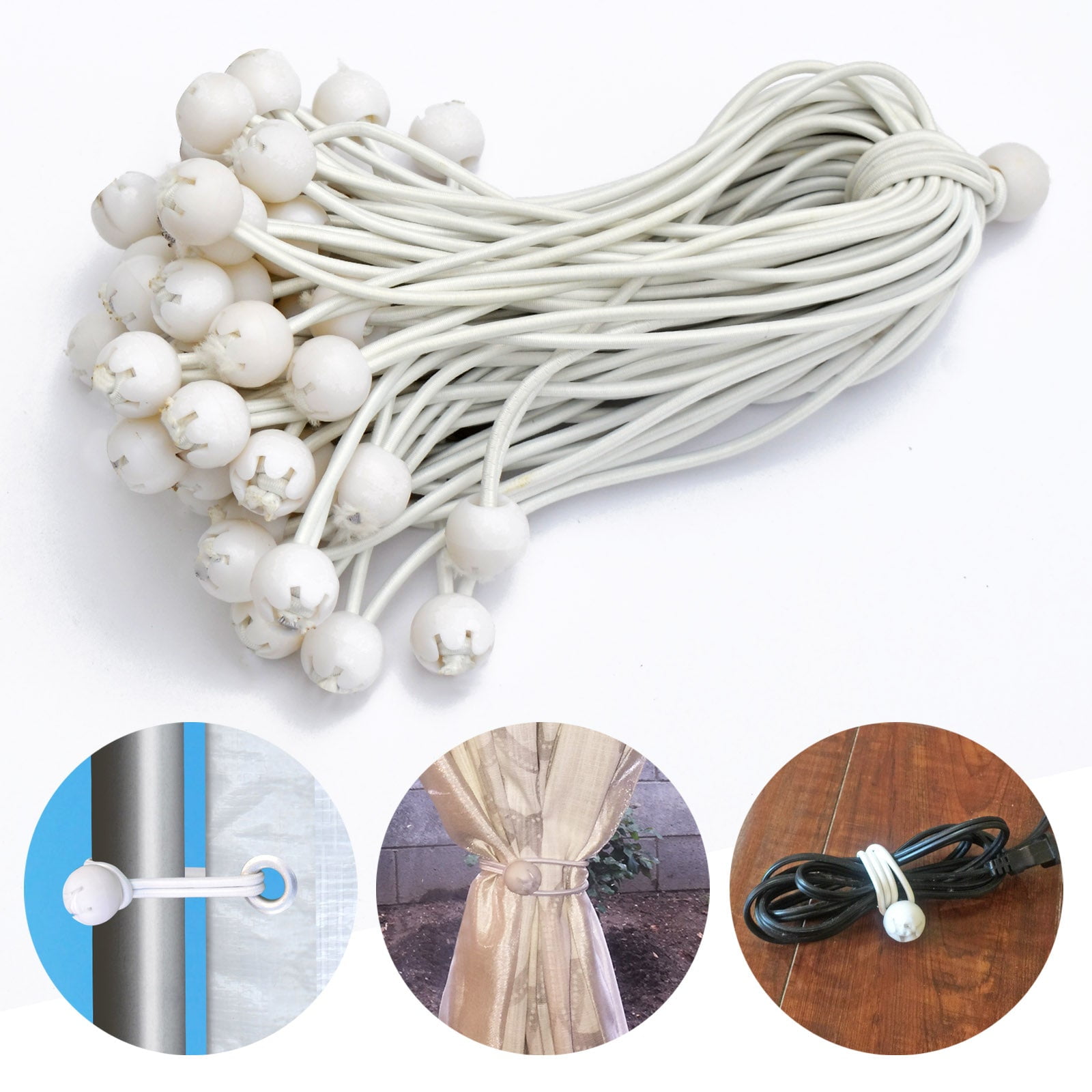 SUNRISEUMBRELLA Ball Bungees Cords Tarp Tent Tie Down Ball Bungees Canopy Gazebo Straps（6",100 PCS, White）
