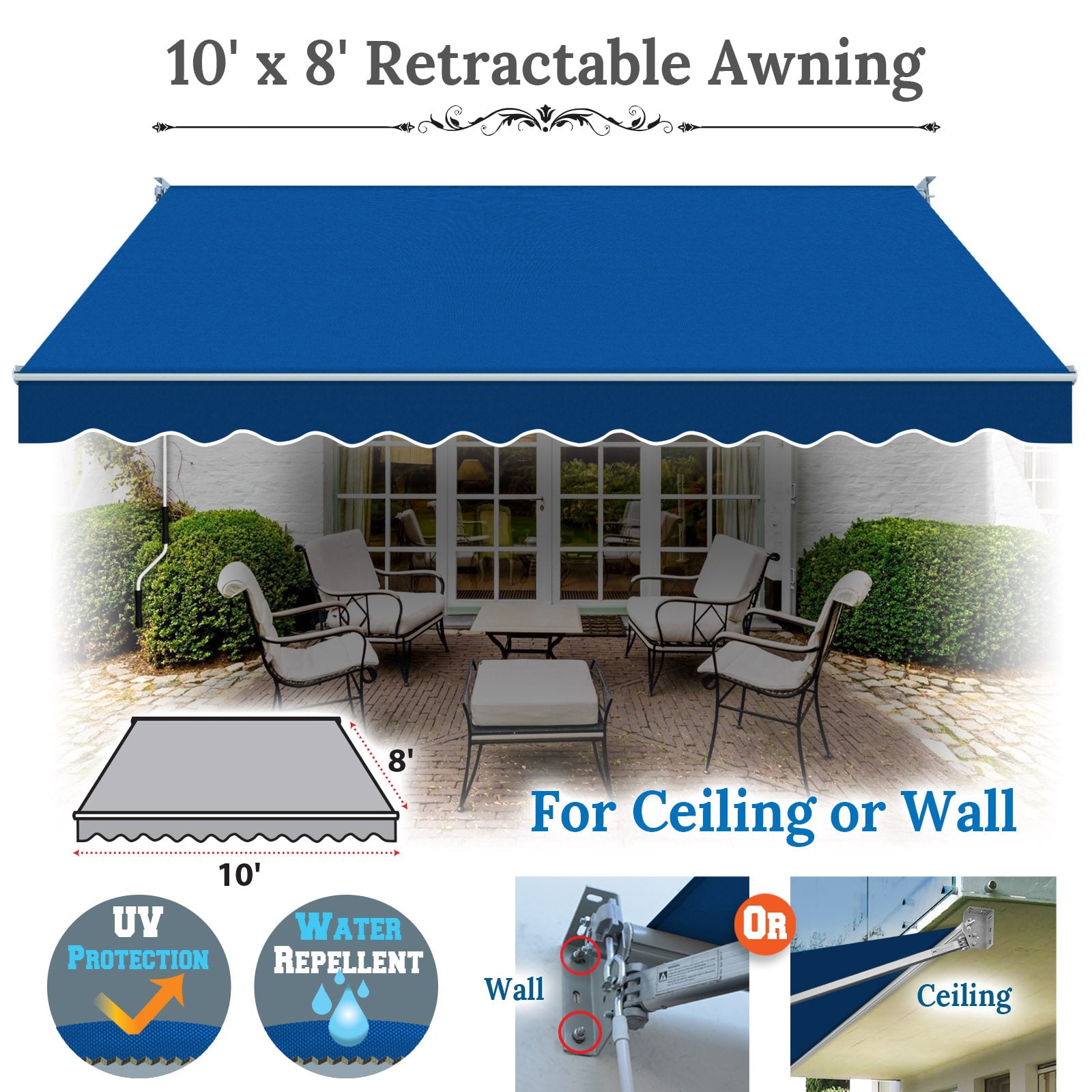 SUNRISEUMBRELLA Outdoor Patio Awning Retractable Awning Sun Shade Manual Patio Deck Awning (10'x8',Blue)