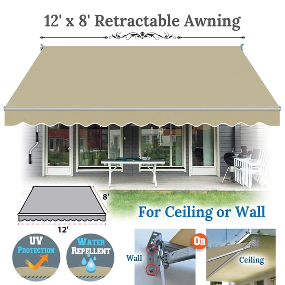 SUNRISEUMBRELLA Outdoor Patio Awning Retractable Awning Sun Shade Manual Patio Deck Awning (12'x8',Beige)