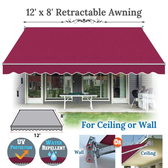SUNRISEUMBRELLA Outdoor Patio Awning Retractable Awning Sun Shade Manual Patio Deck Awning (12'x8',Burgundy)
