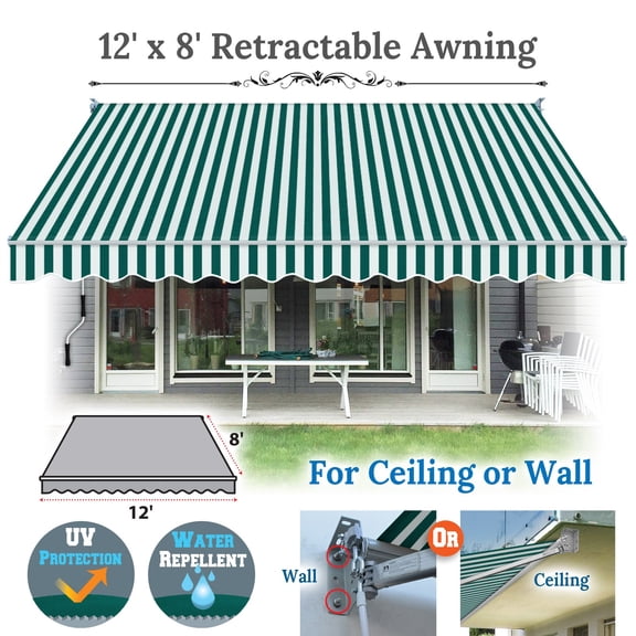 SUNRISEUMBRELLA Outdoor Patio Awning Retractable Awning Sun Shade Manual Patio Deck Awning (12'x8',Green with white)