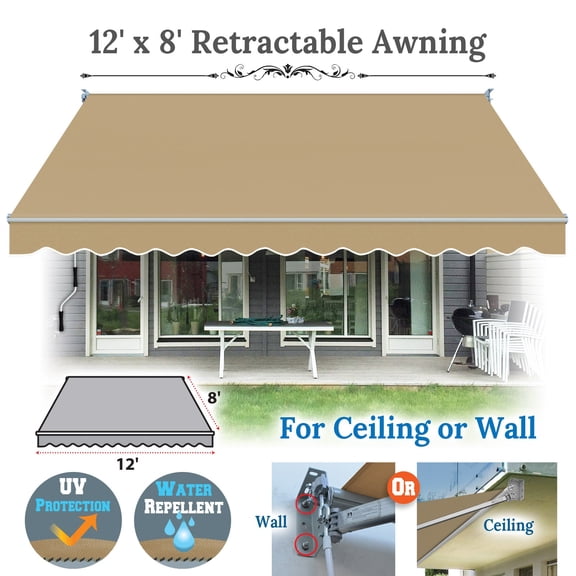 SUNRISEUMBRELLA Outdoor Patio Awning Retractable Awning Sun Shade Manual Patio Deck Awning (12'x8',Tan)