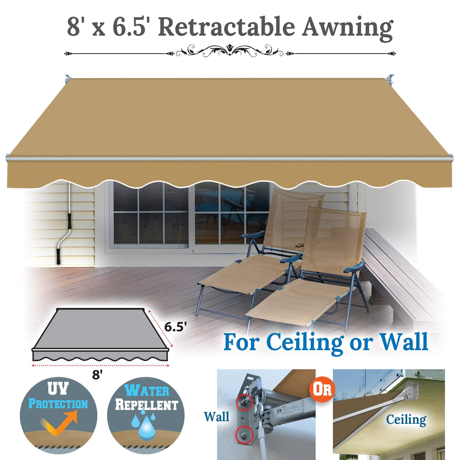 SUNRISEUMBRELLA Outdoor Patio Awning Retractable Awning Sun Shade Manual Patio Deck Awning (8'x6.5',Tan)