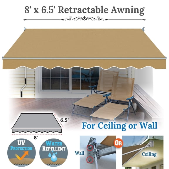 SUNRISEUMBRELLA Outdoor Patio Awning Retractable Awning Sun Shade Manual Patio Deck Awning (8'x6.5',Tan)