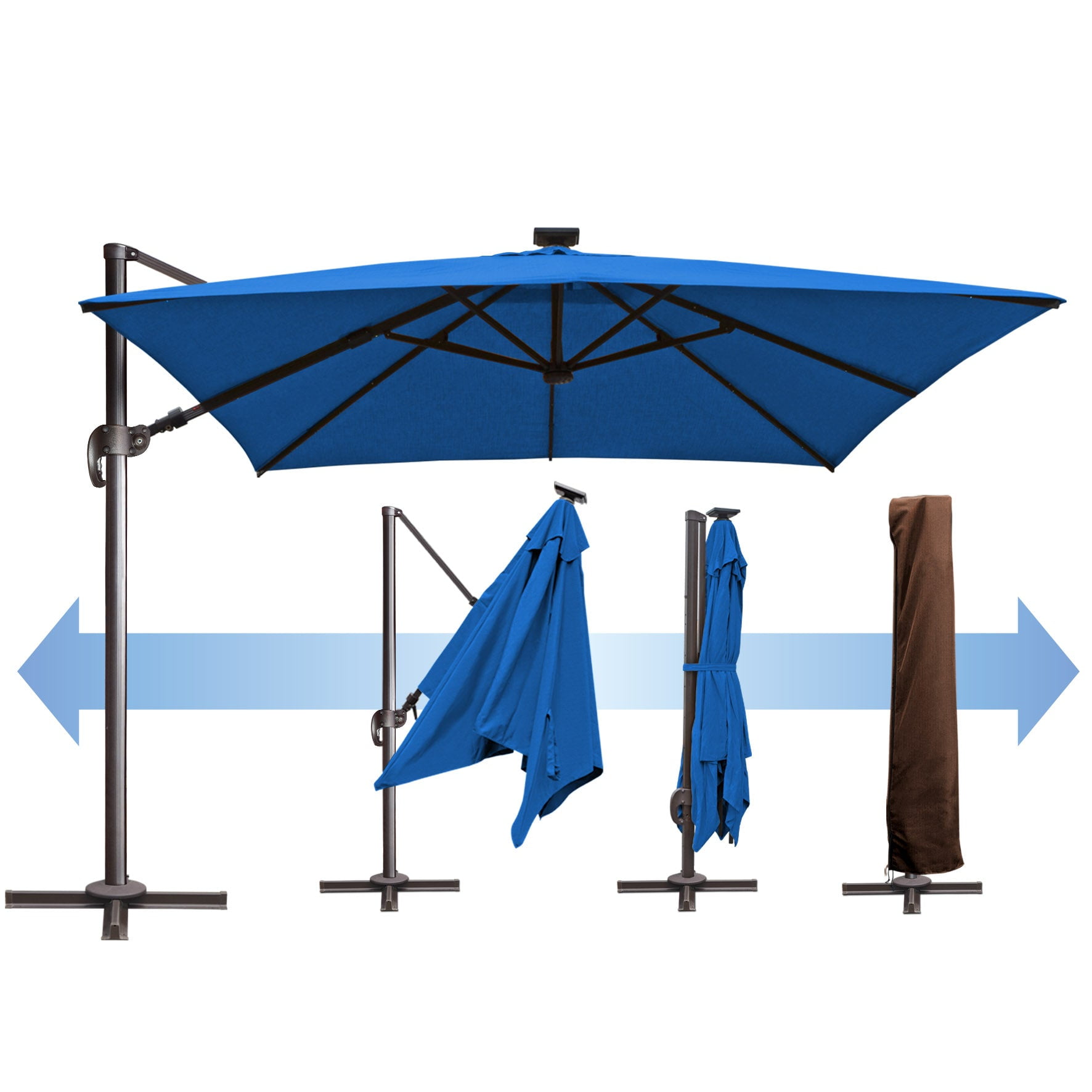 SUNRISEUMBRELLA Square 10'x10' Deluxe Roma square cantilever umbrella, With solar LED light(Blue)