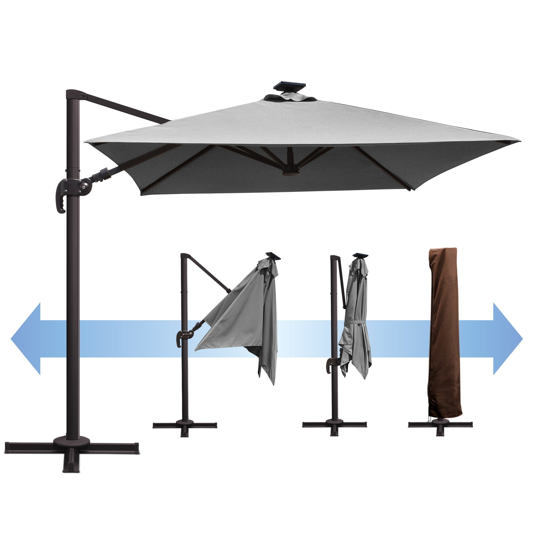 SUNRISEUMBRELLA Square 8x8'Deluxe Hanging umbrella WITH LED LIGHTS(Charcoal)