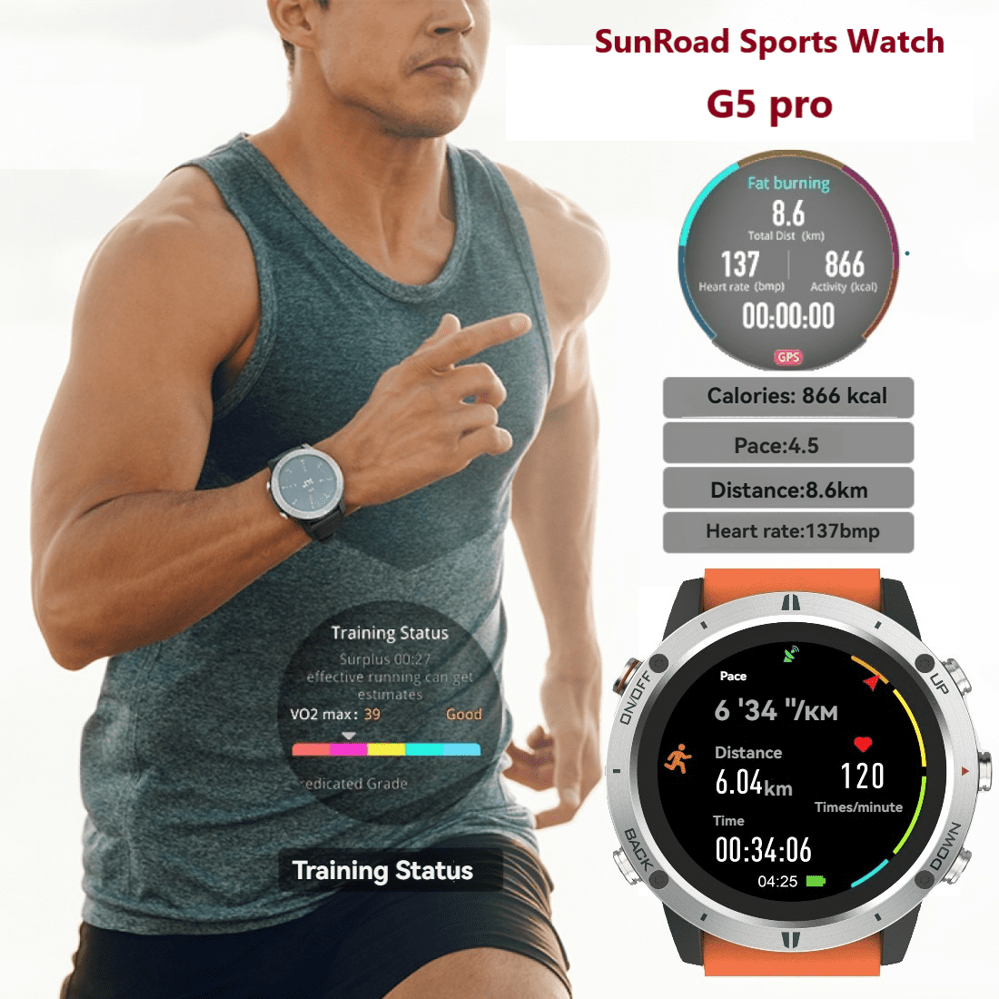 Fitness Tracker Garmin Fenix 6s Swimming SUNROAD G5pro GPS Sports