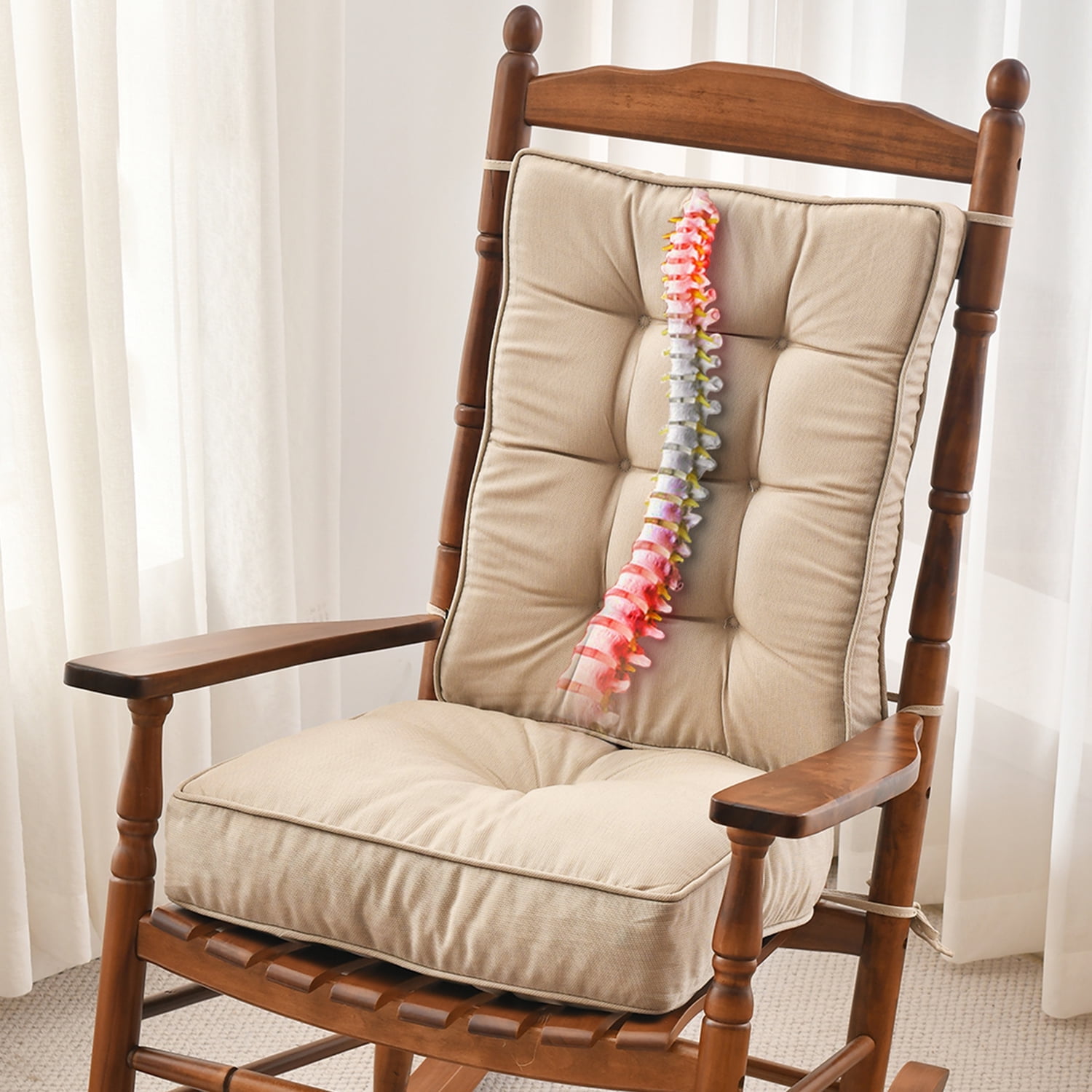 SUNROX Memory Foam Non Slip Rocking Chair Cushion, Set of Seat & Back Cushion with Ties for Indoor/Outdoor Rocker, FadeShield Water Resistant Thicken Durable Tufted Pads, 2 Piece, Husk Birch