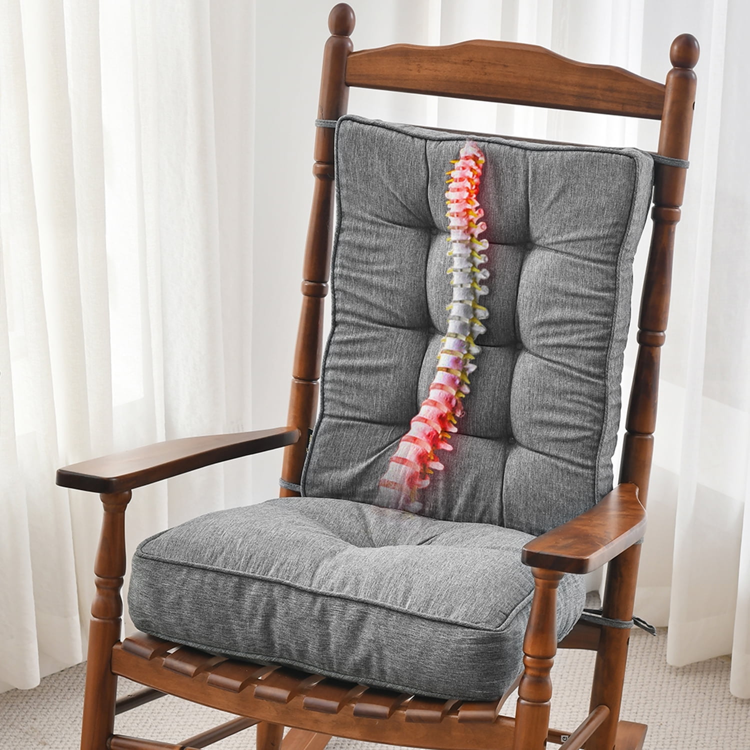 SUNROX Memory Foam Non Slip Rocking Chair Cushion, Set of Seat & Back Cushion with Ties for Indoor/Outdoor Rocker, FadeShield Water Resistant Thicken Durable Tufted Pads, 2 Piece, Heather Charcoal