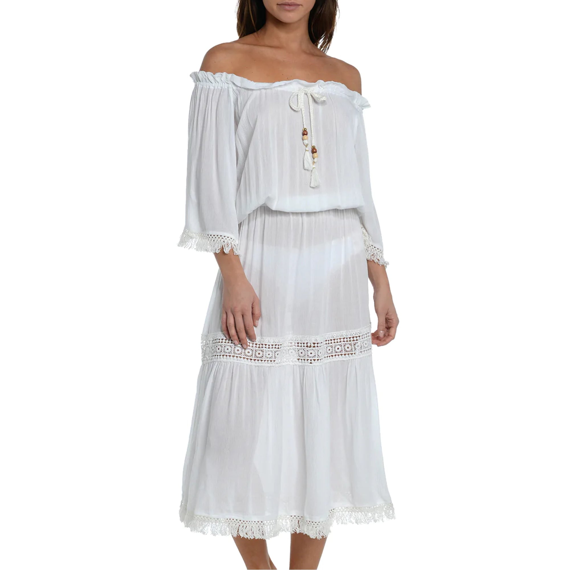 ZESICA Women's 2024 Summer Bohemian Strapless Off Shoulder Lace Trim Backless Flowy A Line Beach