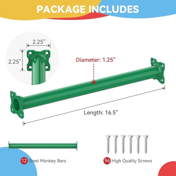 SUNSHINE FARMRE 16.5 Inch Monkey Bars Kit Playground Ladder Rungs for Backyard Indoor Outdoor Kids Metal Bars Swing Set Playset Accessories (Green, 12 Pcs)